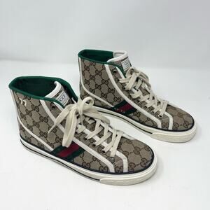 Gucci GG Monogram Canvas 1977 High Top Tennis Sneaker size 38 EU 8 US Web Stripe